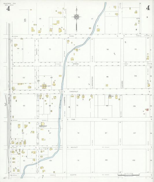 Sanborn Fire Insurance Map from Bastrop, Bastrop County, Texas (1934), Sheet #0004 - Historic Sanborn Fire Insurance Map Print, vintage old map wall art, antique decor, genealogy gift, Texas Texas map