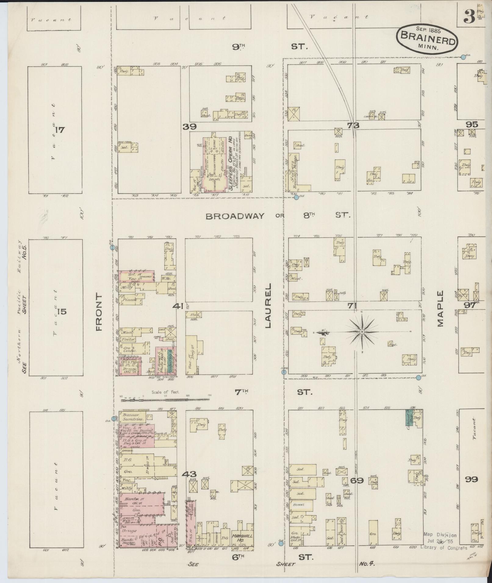 Sanborn Fire Insurance Map from Brainerd, Crow Wing County, Minnesota (1885), Sheet #0003 - Historic Sanborn Fire Insurance Map Print, vintage old map wall art, antique decor, genealogy gift, Minnesota Minnesota map