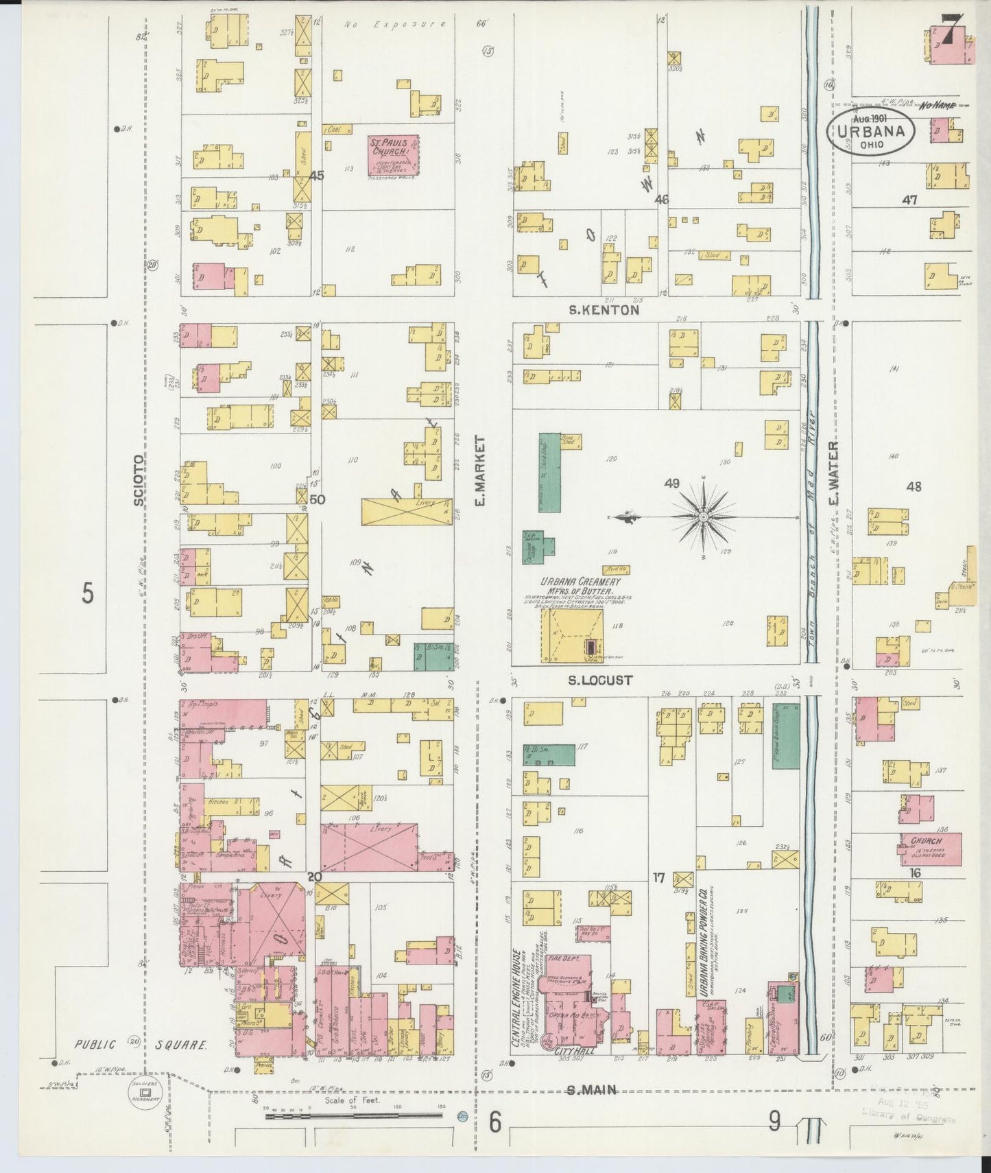 Sanborn Fire Insurance Map from Urbana, Champaign County, Ohio (1901), Sheet #0007 - Complete Map Set gallery image, historic Sanborn map, vintage wall art, Ohio Ohio