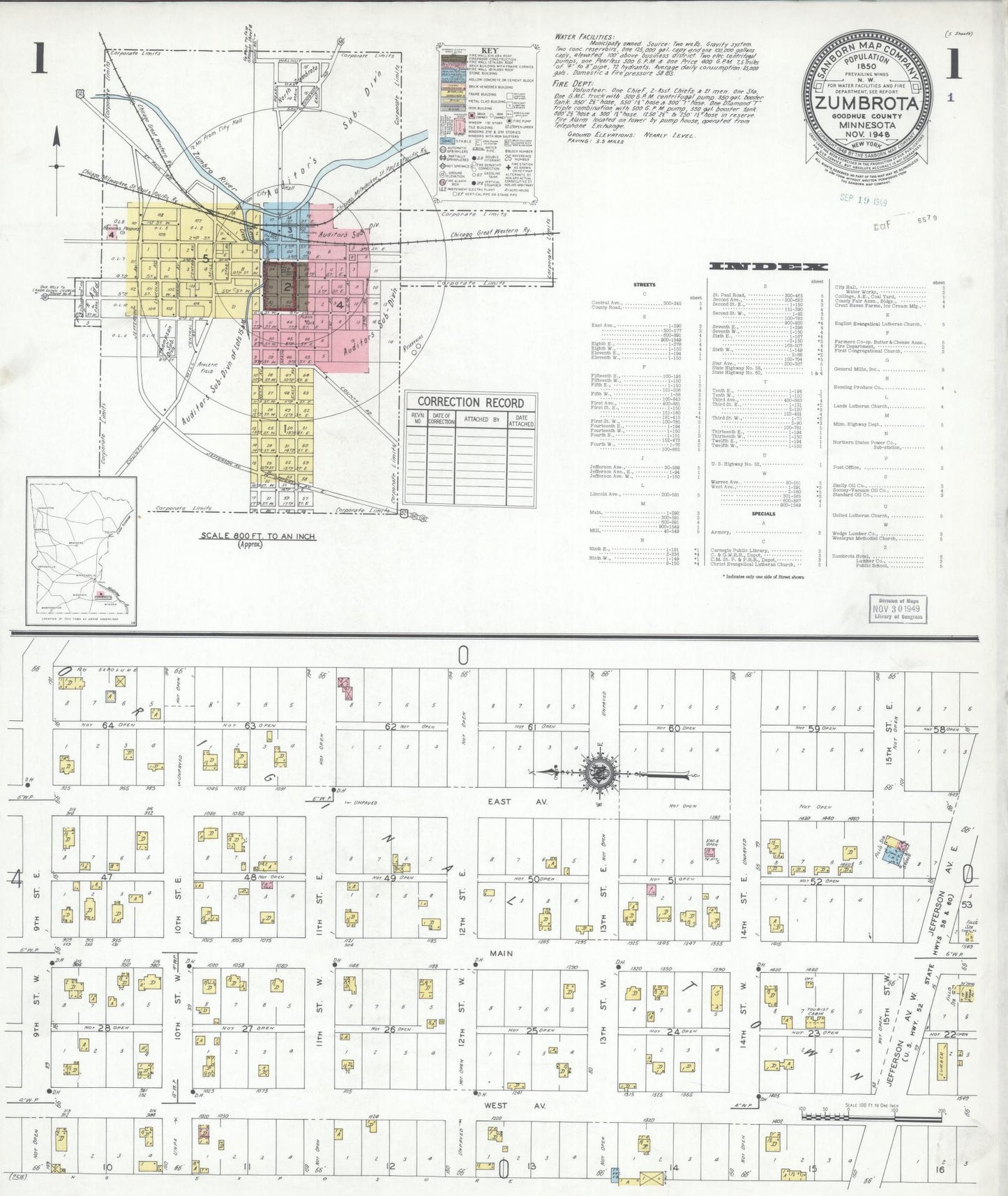 Sanborn Fire Insurance Map from Zumbrota, Goodhue County, Minnesota (1948), Sheet #0001 - Complete Map Set gallery image, historic Sanborn map, vintage wall art, Minnesota Minnesota