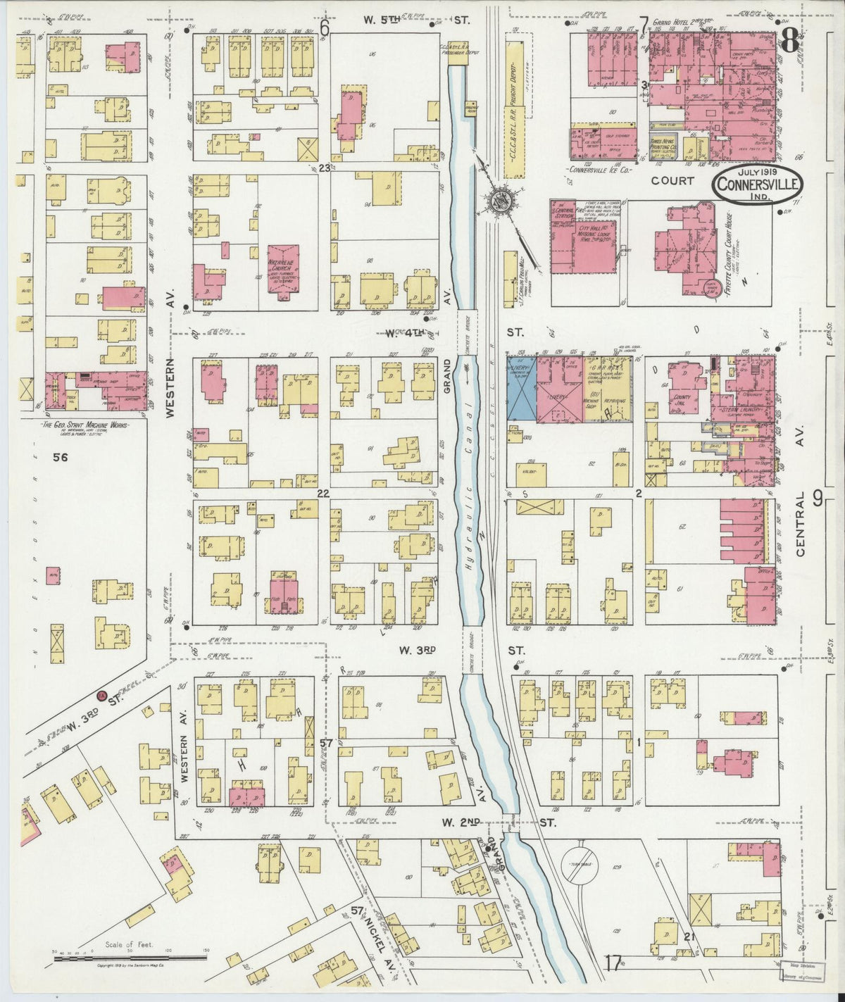 Sanborn Fire Insurance Map from Connersville, Fayette County, Indiana (1919), Sheet #0008 - Historic Sanborn Fire Insurance Map Print, vintage old map wall art, antique decor, genealogy gift, Indiana Indiana map