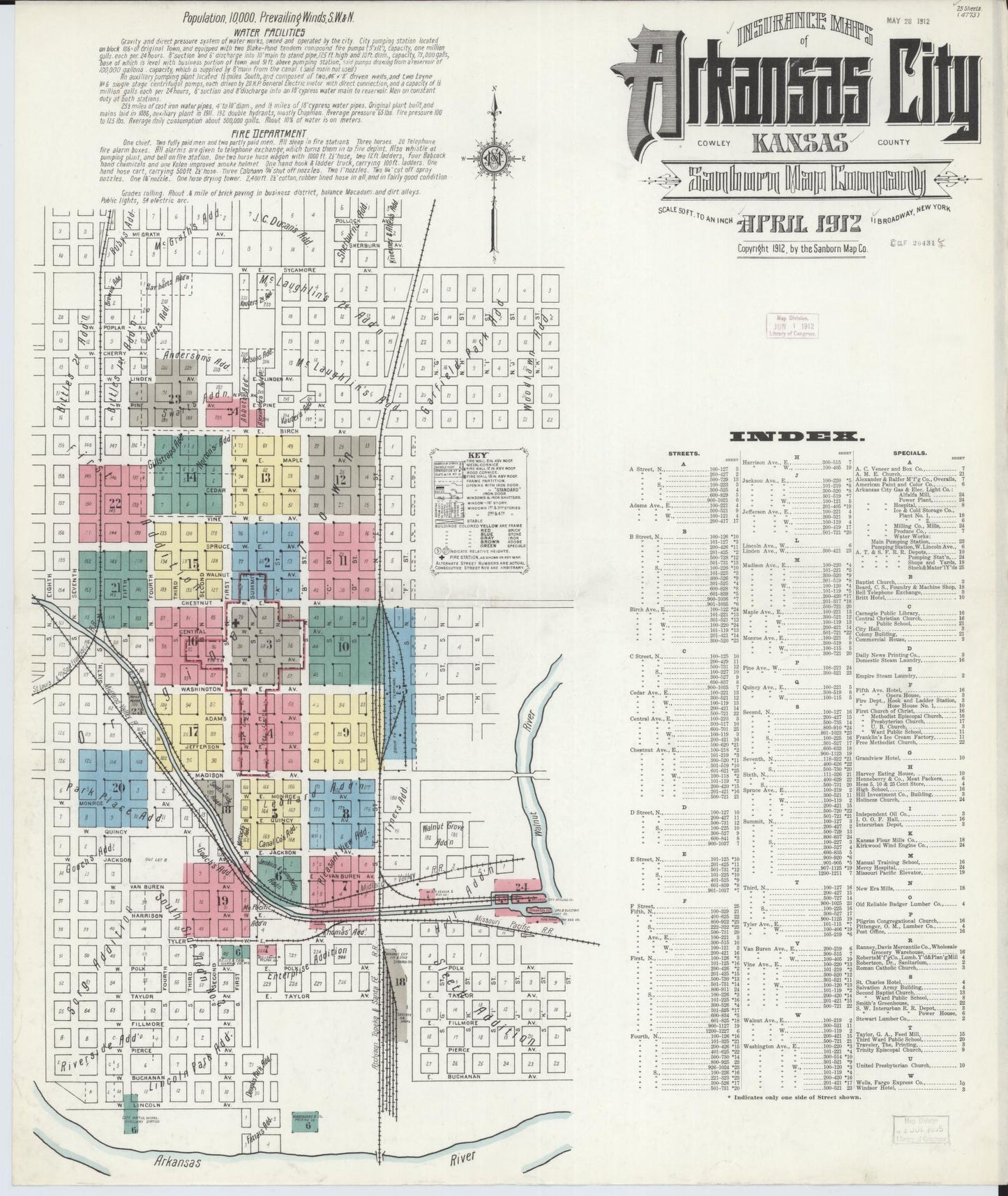 Sanborn Fire Insurance Map from Arkansas City, Cowley County, Kansas (1912), Sheet #0001 - Complete Map Set gallery image, historic Sanborn map, vintage wall art, Kansas Kansas