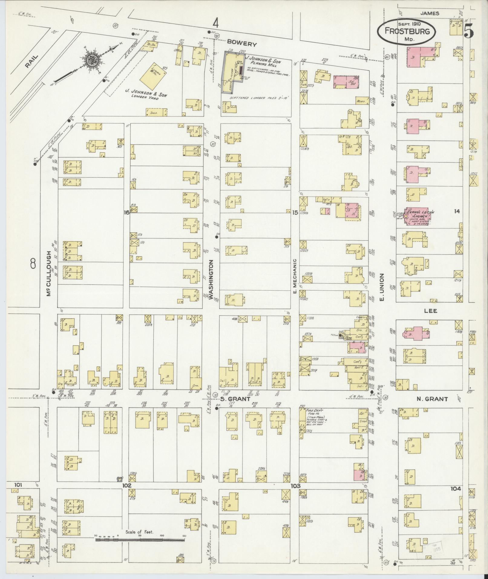 Sanborn Fire Insurance Map from Frostburg, Allegany County, Maryland (1910), Sheet #0005 - Historic Sanborn Fire Insurance Map Print, vintage old map wall art