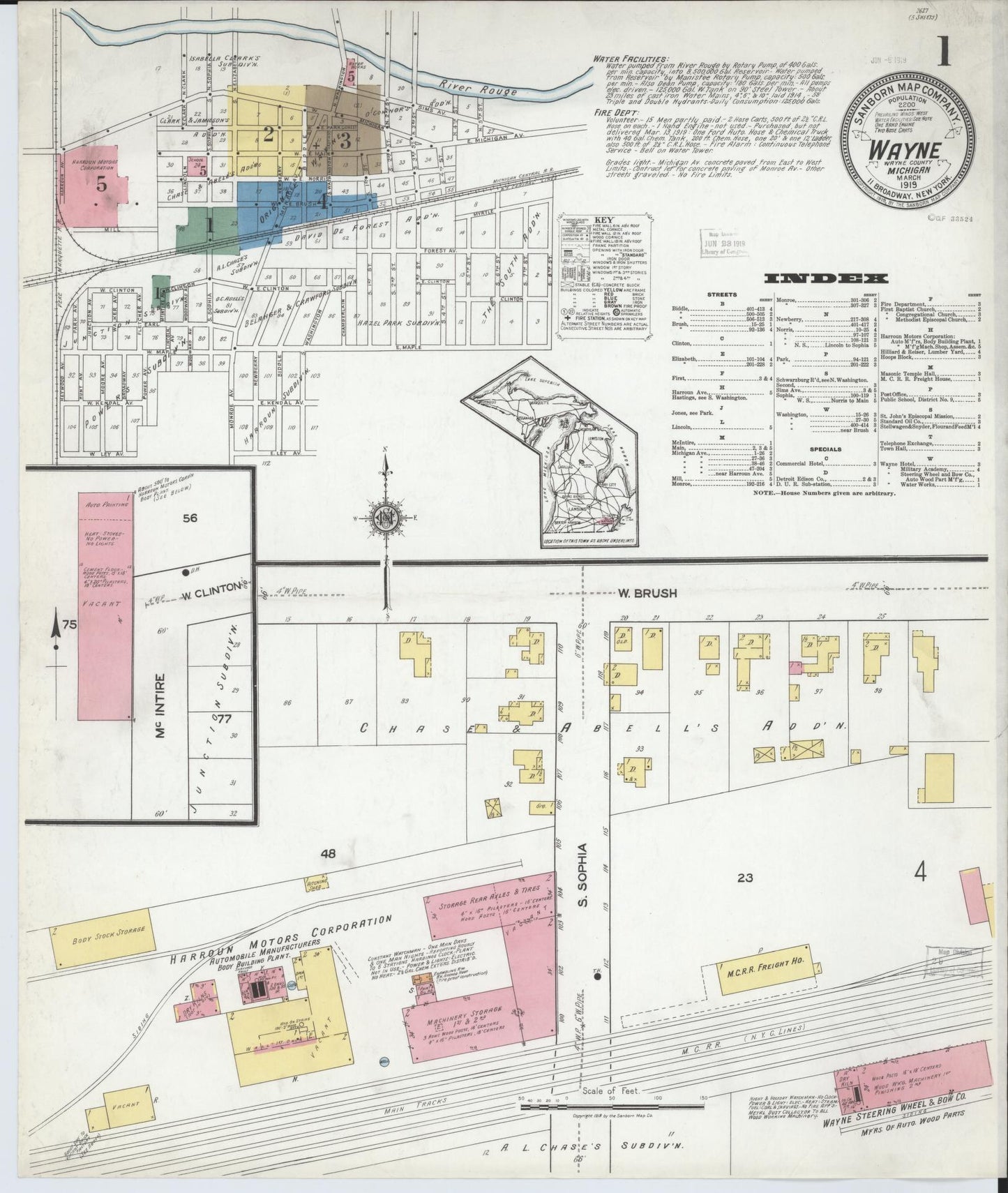 Sanborn Fire Insurance Map from Wayne, Wayne County, Michigan (1919), Sheet #0001 - Historic Sanborn Fire Insurance Map Print, vintage old map wall art, antique decor, genealogy gift, Michigan Michigan map