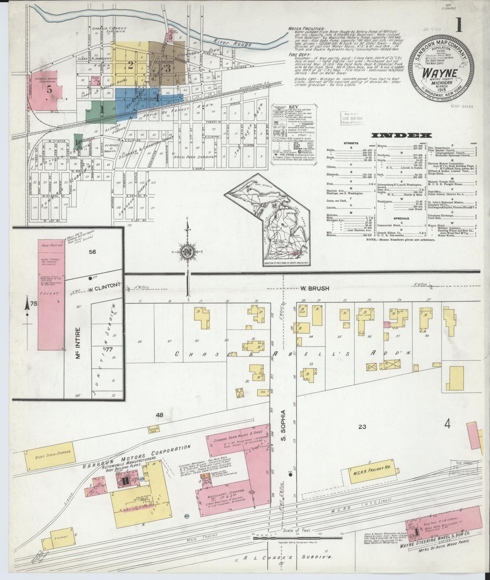 Sanborn Fire Insurance Map from Wayne, Wayne County, Michigan (1919), Sheet #0001 - Historic Sanborn Fire Insurance Map Print, vintage old map wall art, antique decor, genealogy gift, Michigan Michigan map