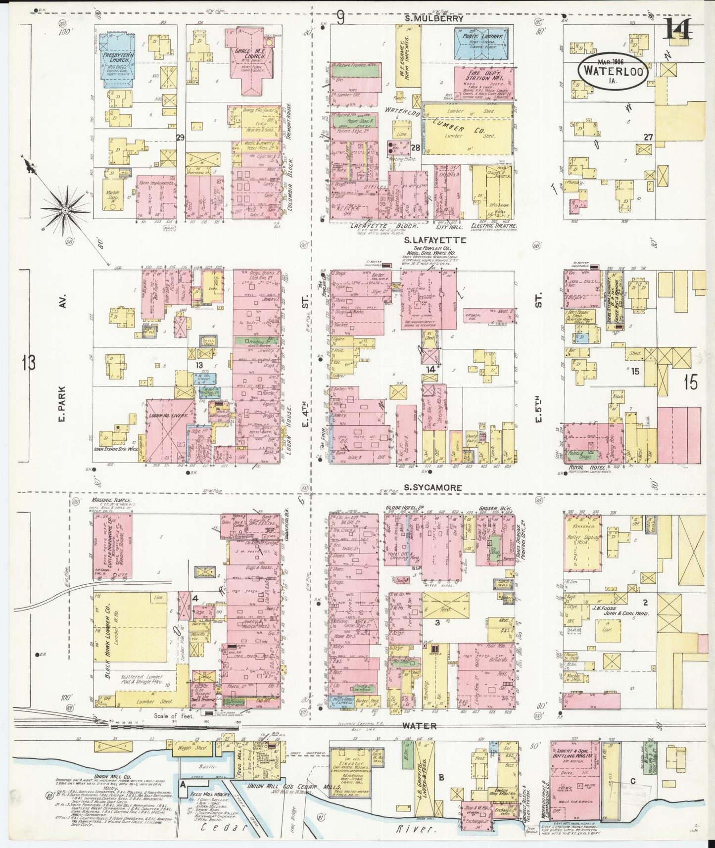 Sanborn Fire Insurance Map from Waterloo, Black Hawk County, Iowa (1906), Sheet #0014 - Historic Sanborn Fire Insurance Map Print, vintage old map wall art