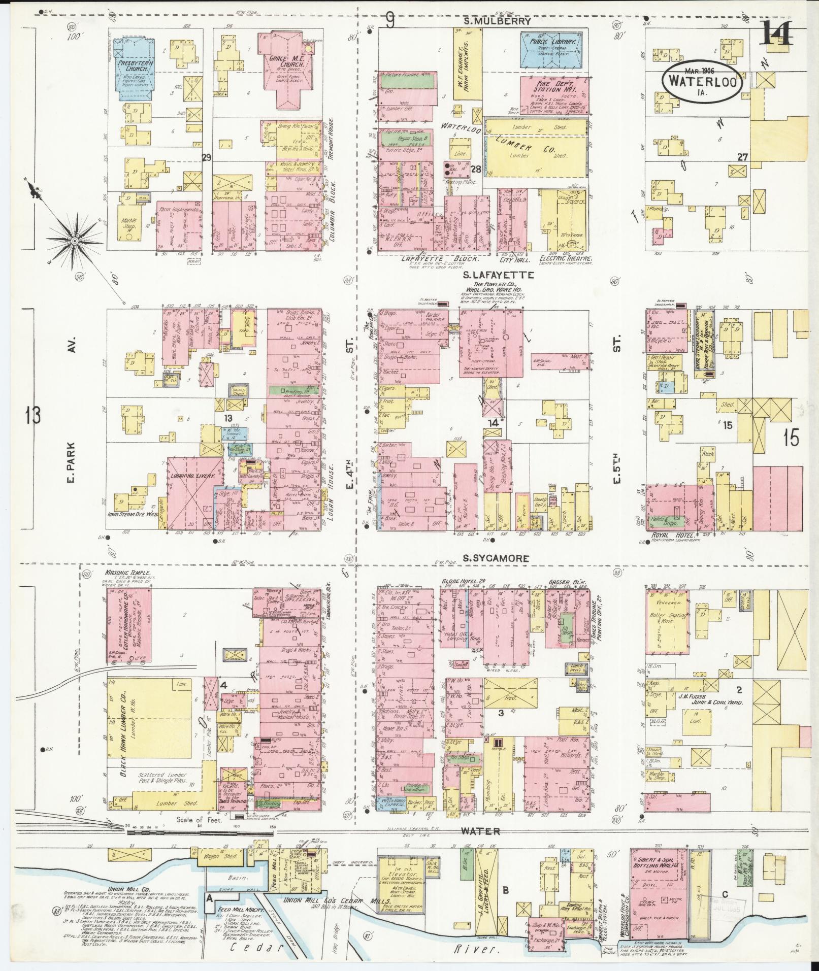 Sanborn Fire Insurance Map from Waterloo, Black Hawk County, Iowa (1906), Sheet #0014 - Historic Sanborn Fire Insurance Map Print, vintage old map wall art