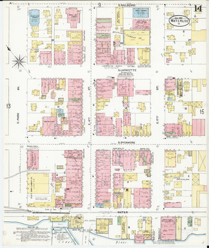 Sanborn Fire Insurance Map from Waterloo, Black Hawk County, Iowa (1906), Sheet #0014 - Historic Sanborn Fire Insurance Map Print, vintage old map wall art