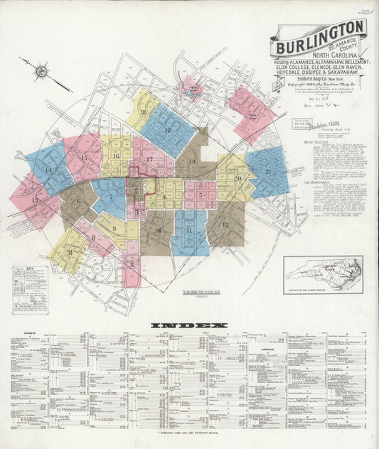 Sanborn Fire Insurance Map from Burlington, Alamance County, North Carolina (1929), Sheet #0001 - Historic Sanborn Fire Insurance Map Print, vintage old map wall art, antique decor, genealogy gift, North Carolina North Carolina map
