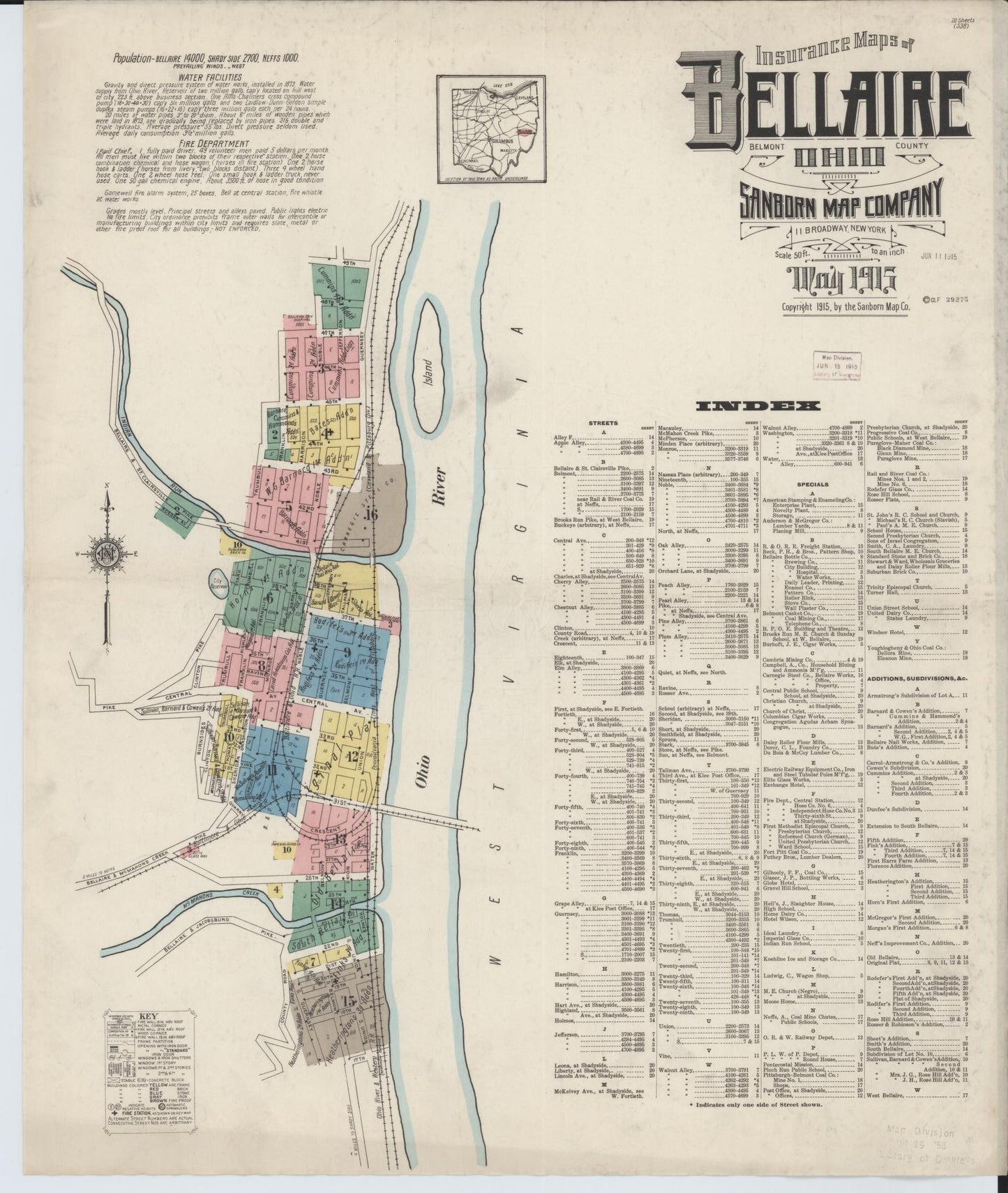 Sanborn Fire Insurance Map from Bellaire, Belmont County, Ohio (1915), Sheet #0001 - Historic Sanborn Fire Insurance Map Print, vintage old map wall art, antique decor, genealogy gift, Ohio Ohio map