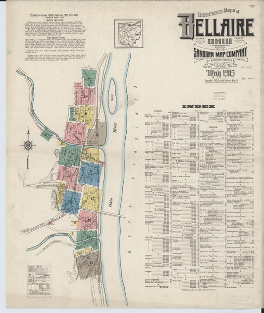 Sanborn Fire Insurance Map from Bellaire, Belmont County, Ohio (1915), Sheet #0001 - Historic Sanborn Fire Insurance Map Print, vintage old map wall art, antique decor, genealogy gift, Ohio Ohio map