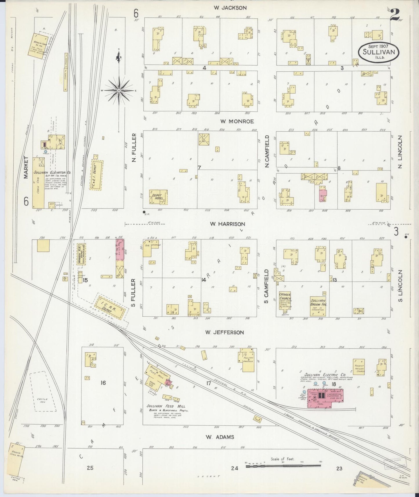 Sanborn Fire Insurance Map from Sullivan, Moultrie County, Illinois (1907), Sheet #0002 - Historic Sanborn Fire Insurance Map Print, vintage old map wall art, antique decor, genealogy gift, Illinois Illinois map