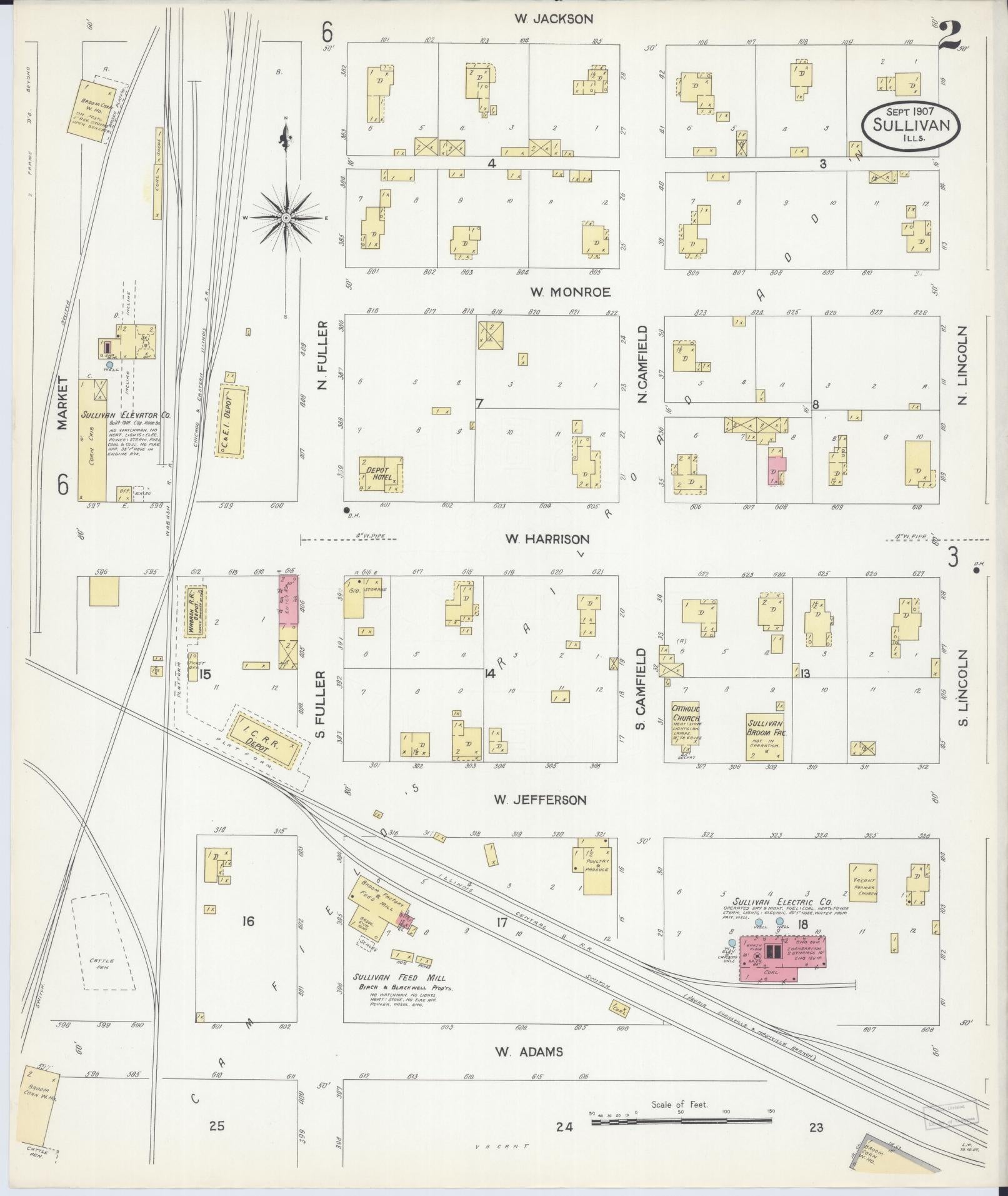 Sanborn Fire Insurance Map from Sullivan, Moultrie County, Illinois (1907), Sheet #0002 - Historic Sanborn Fire Insurance Map Print, vintage old map wall art, antique decor, genealogy gift, Illinois Illinois map