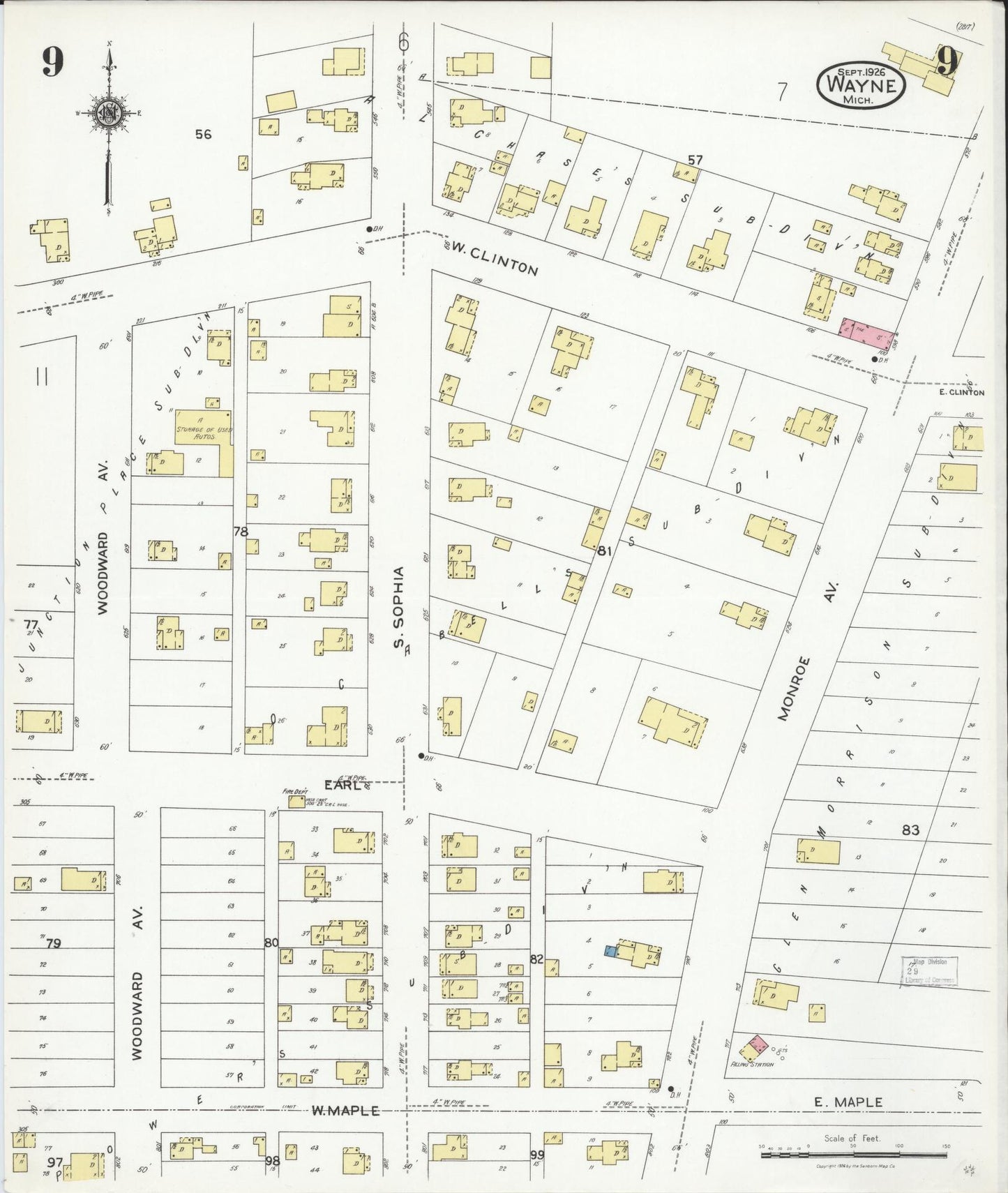 Sanborn Fire Insurance Map from Wayne, Wayne County, Michigan (1926), Sheet #0009 - Historic Sanborn Fire Insurance Map Print, vintage old map wall art, antique decor, genealogy gift, Michigan Michigan map