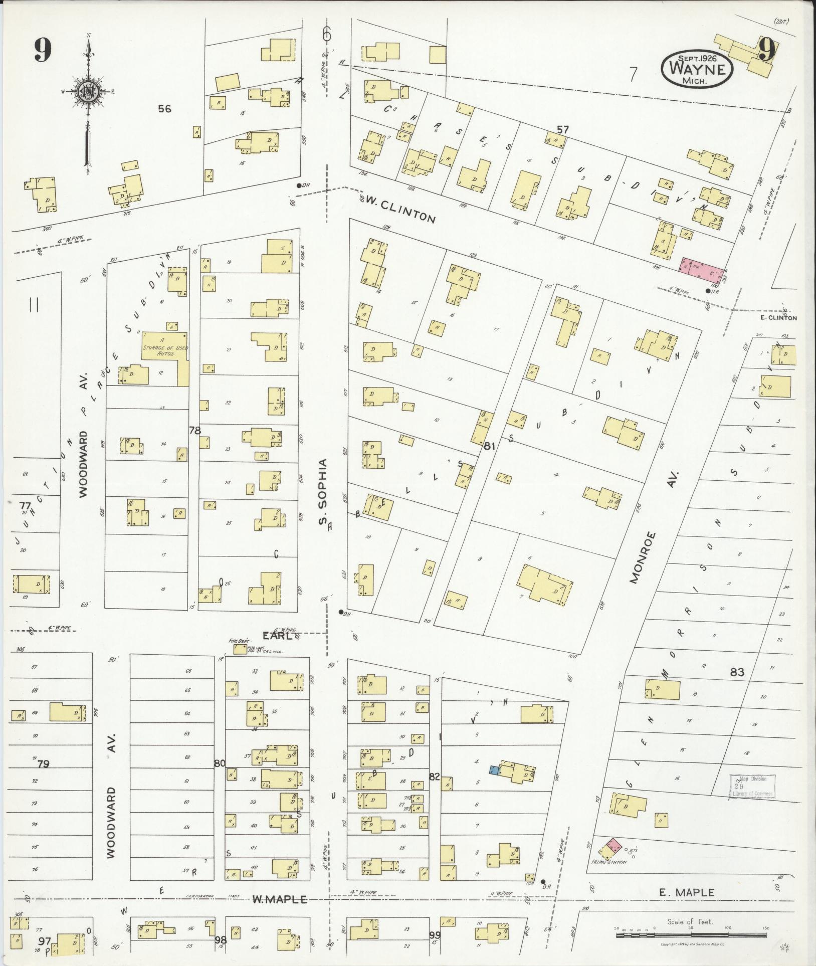 Sanborn Fire Insurance Map from Wayne, Wayne County, Michigan (1926), Sheet #0009 - Historic Sanborn Fire Insurance Map Print, vintage old map wall art, antique decor, genealogy gift, Michigan Michigan map