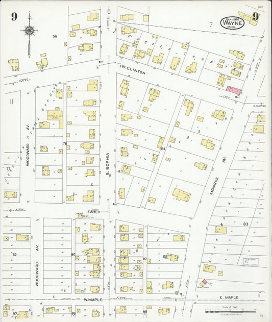 Sanborn Fire Insurance Map from Wayne, Wayne County, Michigan (1926), Sheet #0009 - Historic Sanborn Fire Insurance Map Print, vintage old map wall art, antique decor, genealogy gift, Michigan Michigan map