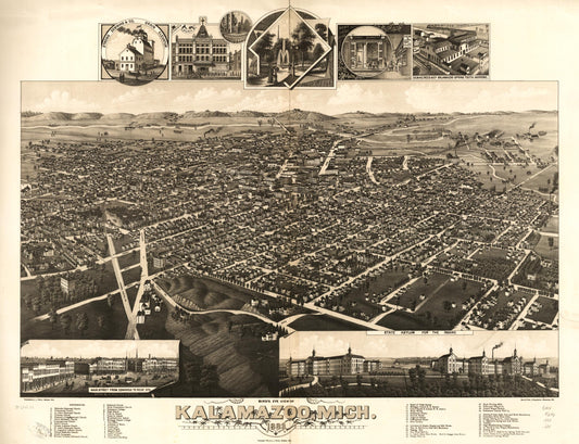 Bird's eye view of Kalamazoo, Mich. 1883. (1883) – Historic Bird’s-Eye View Panorama Print