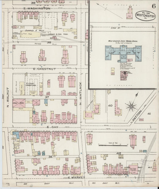 Sanborn Fire Insurance Map from West Chester, Chester County, Pennsylvania (1886), Sheet #0006 - Historic Sanborn Fire Insurance Map Print, vintage old map wall art, antique decor, genealogy gift, Pennsylvania Pennsylvania map
