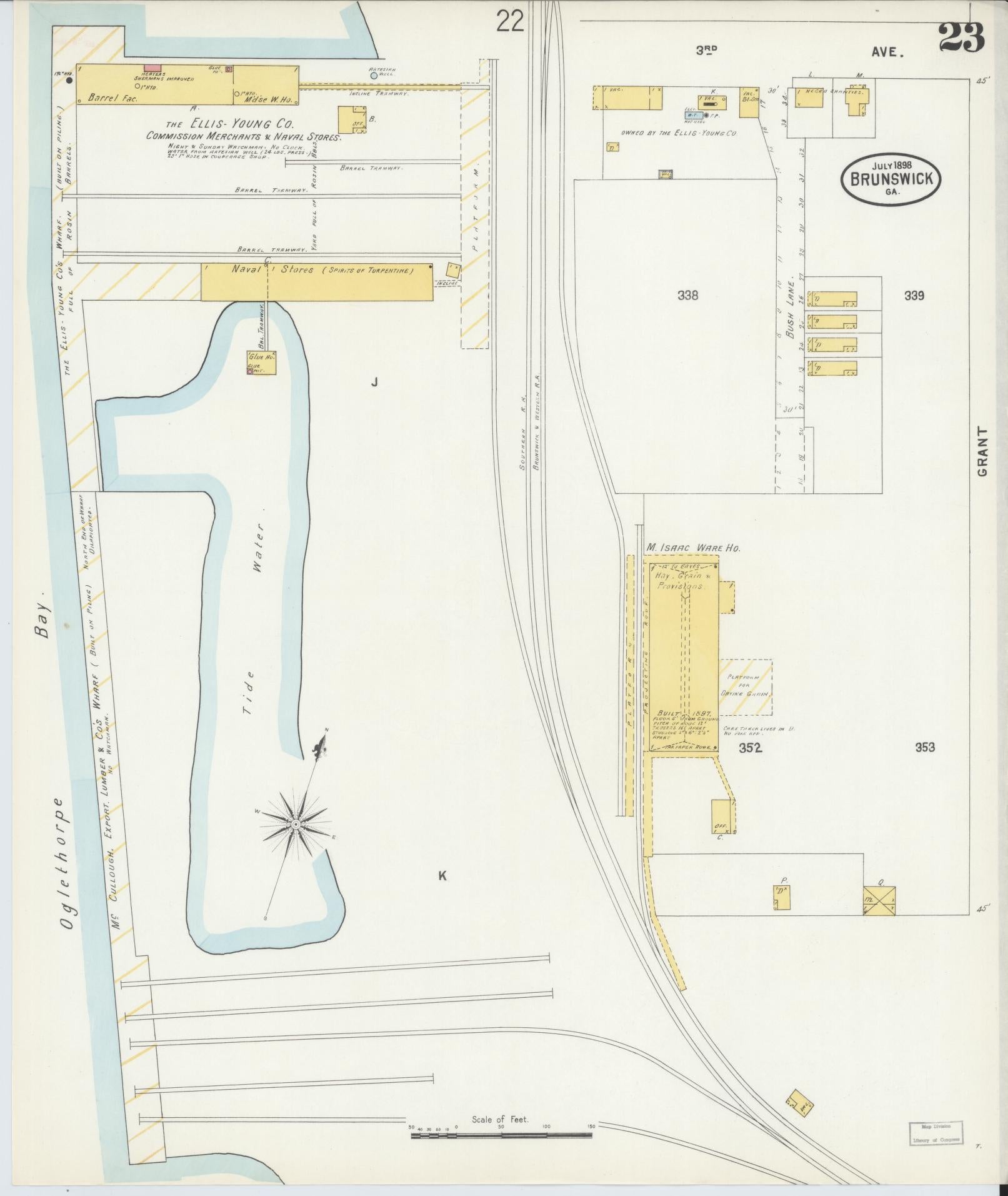 Sanborn Fire Insurance Map from Brunswick, Glynn County, Georgia (1898), Sheet #0023 - Historic Sanborn Fire Insurance Map Print, vintage old map wall art, antique decor, genealogy gift, Georgia Georgia map