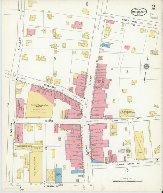 Sanborn Fire Insurance Map from Mount Airy, Surry County, North Carolina (1916), Sheet #0002 - Historic Sanborn Fire Insurance Map Print, vintage old map wall art, antique decor, genealogy gift, North Carolina North Carolina map