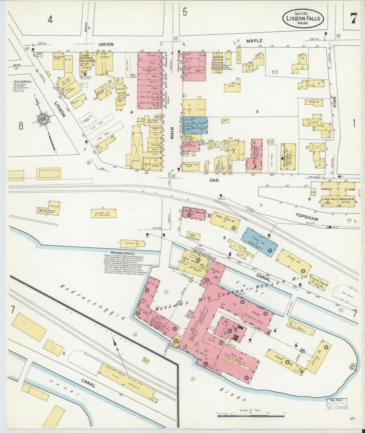 Sanborn Fire Insurance Map from Lisbon Falls, Androscoggin County, Maine (1911), Sheet #0007 - Complete Map Set gallery image, historic Sanborn map, vintage wall art, Maine Maine