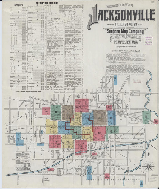 Sanborn Fire Insurance Map from Jacksonville, Morgan County, Illinois (1905), Sheet #0001 - Complete Map Set gallery image, historic Sanborn map, vintage wall art, Illinois Illinois