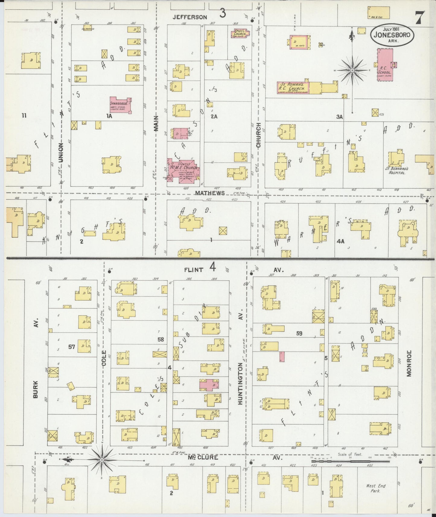 Sanborn Fire Insurance Map from Jonesboro, Craighead County, Arkansas (1901), Sheet #0007 - Historic Sanborn Fire Insurance Map Print, vintage old map wall art, antique decor, genealogy gift, Arkansas Arkansas map