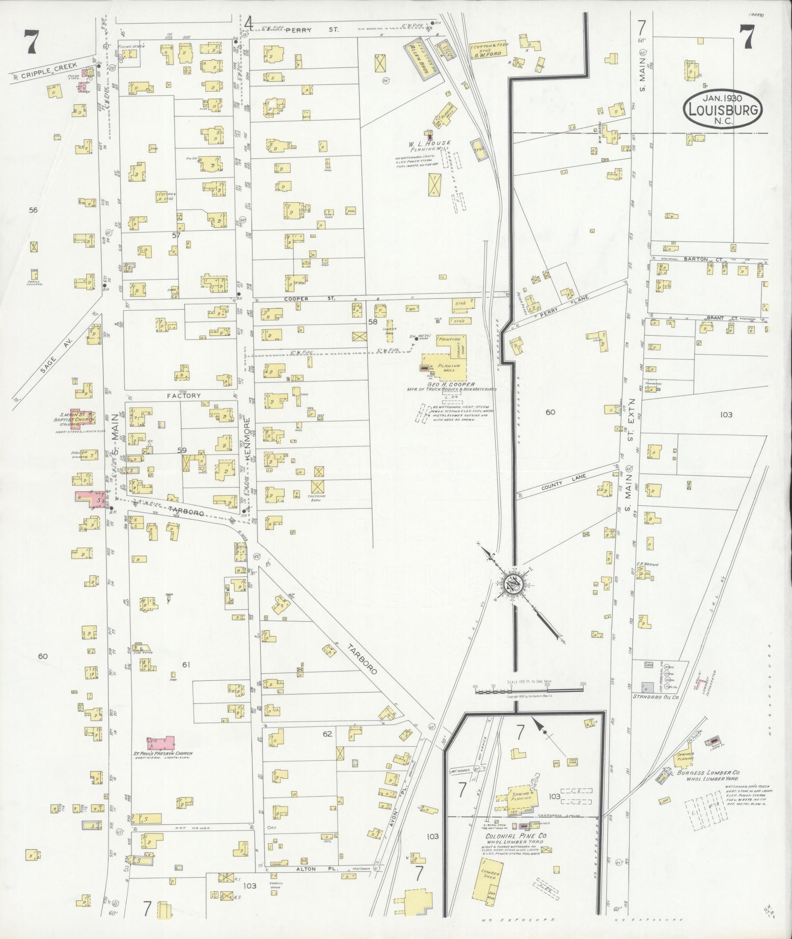 Sanborn Fire Insurance Map from Louisburg, Franklin County, North Carolina (1930), Sheet #0007 - Complete Map Set gallery image, historic Sanborn map, vintage wall art, North Carolina North Carolina