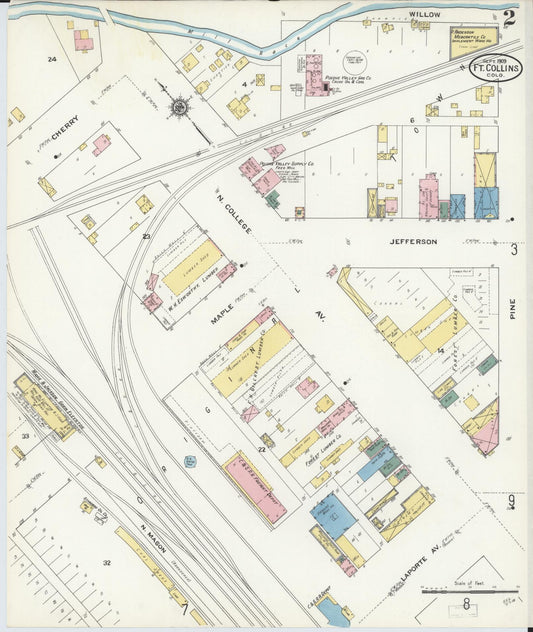 Sanborn Fire Insurance Map from Fort Collins, Larimer County, Colorado (1909), Sheet #0002 - Historic Sanborn Fire Insurance Map Print, vintage old map wall art, antique decor, genealogy gift, Colorado Colorado map