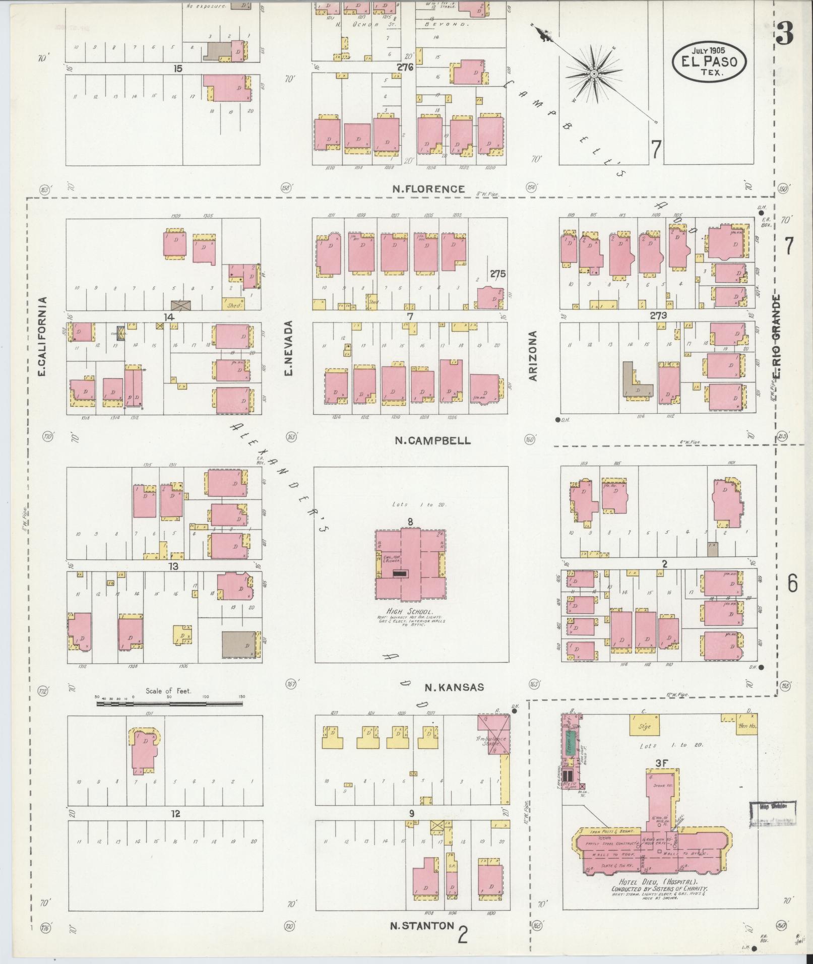 Sanborn Fire Insurance Map from El Paso, El Paso County, Texas (1905), Sheet #0003 - Complete Map Set gallery image, historic Sanborn map, vintage wall art, Texas Texas