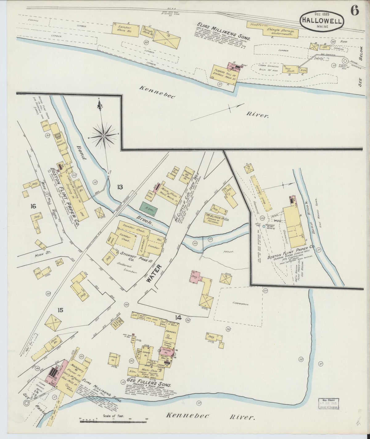 Sanborn Fire Insurance Map from Hallowell, Kennebec County, Maine (1889), Sheet #0006 - Historic Sanborn Fire Insurance Map Print, vintage old map wall art, antique decor, genealogy gift, Maine Maine map