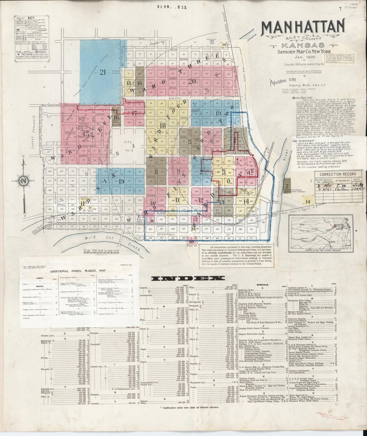 Sanborn Fire Insurance Map from Manhattan, Riley County, Kansas (1947), Sheet #0001 - Historic Sanborn Fire Insurance Map Print, vintage old map wall art, antique decor, genealogy gift, Kansas Kansas map
