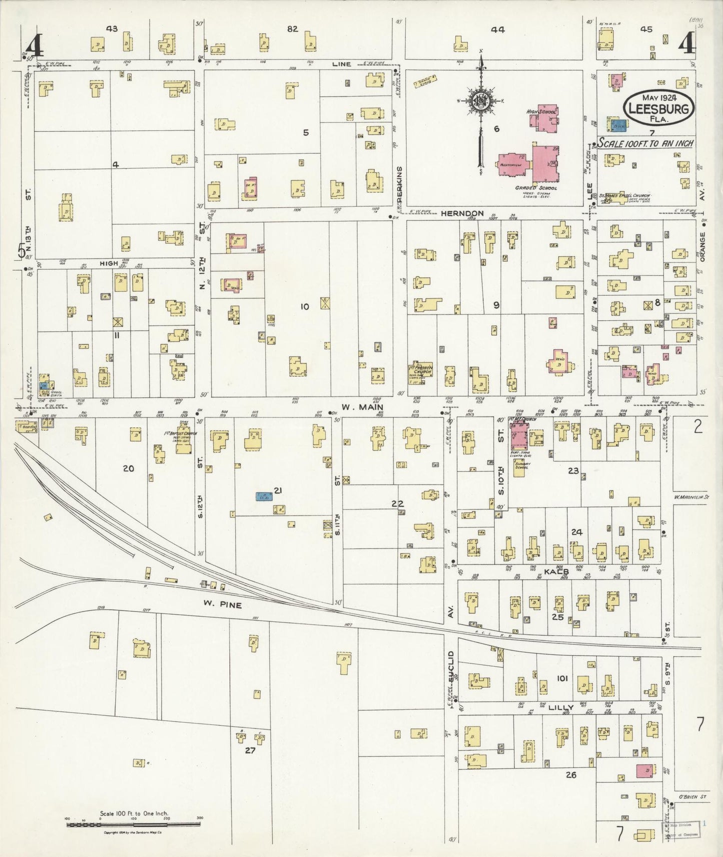 Sanborn Fire Insurance Map from Leesburg, Lake County, Florida (1924), Sheet #0004 - Complete Map Set gallery image, historic Sanborn map, vintage wall art, Florida Florida