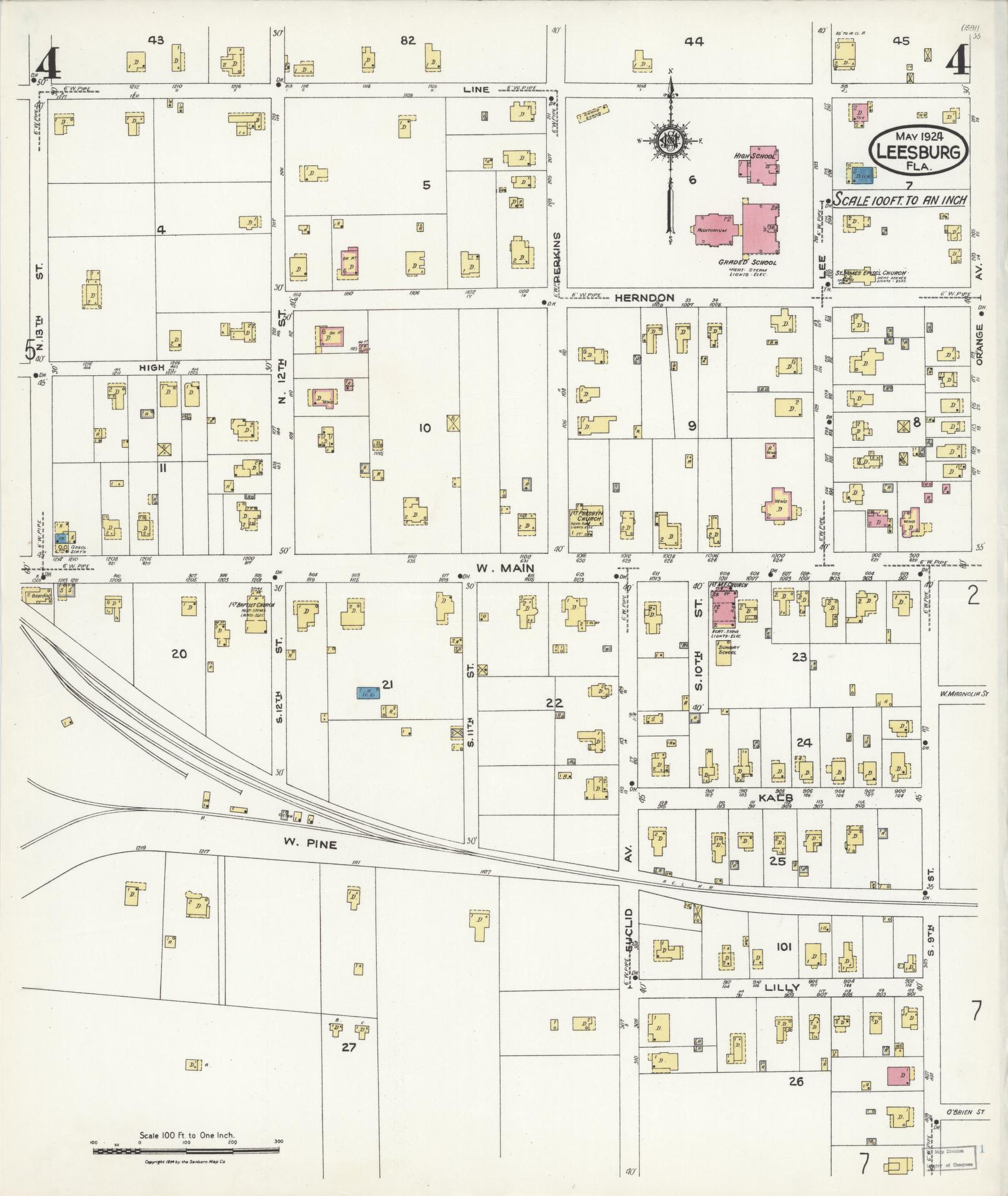 Sanborn Fire Insurance Map from Leesburg, Lake County, Florida (1924), Sheet #0004 - Complete Map Set gallery image, historic Sanborn map, vintage wall art, Florida Florida