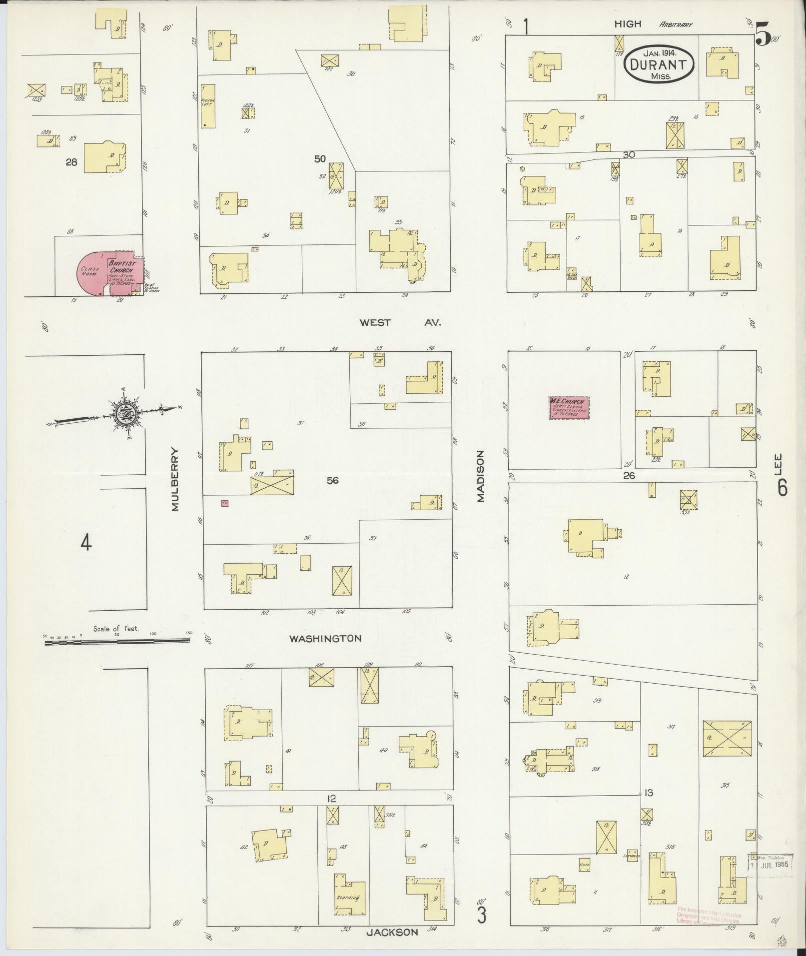 Sanborn Fire Insurance Map from Durant, Holmes County, Mississippi (1914), Sheet #0005 - Historic Sanborn Fire Insurance Map Print, vintage old map wall art, antique decor, genealogy gift, Mississippi Mississippi map