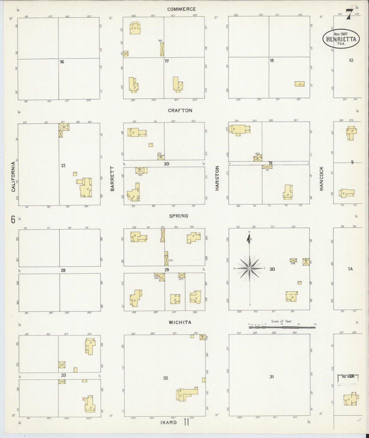 Sanborn Fire Insurance Map from Henrietta, Clay County, Texas (1907), Sheet #0007 - Complete Map Set gallery image, historic Sanborn map, vintage wall art, Texas Texas