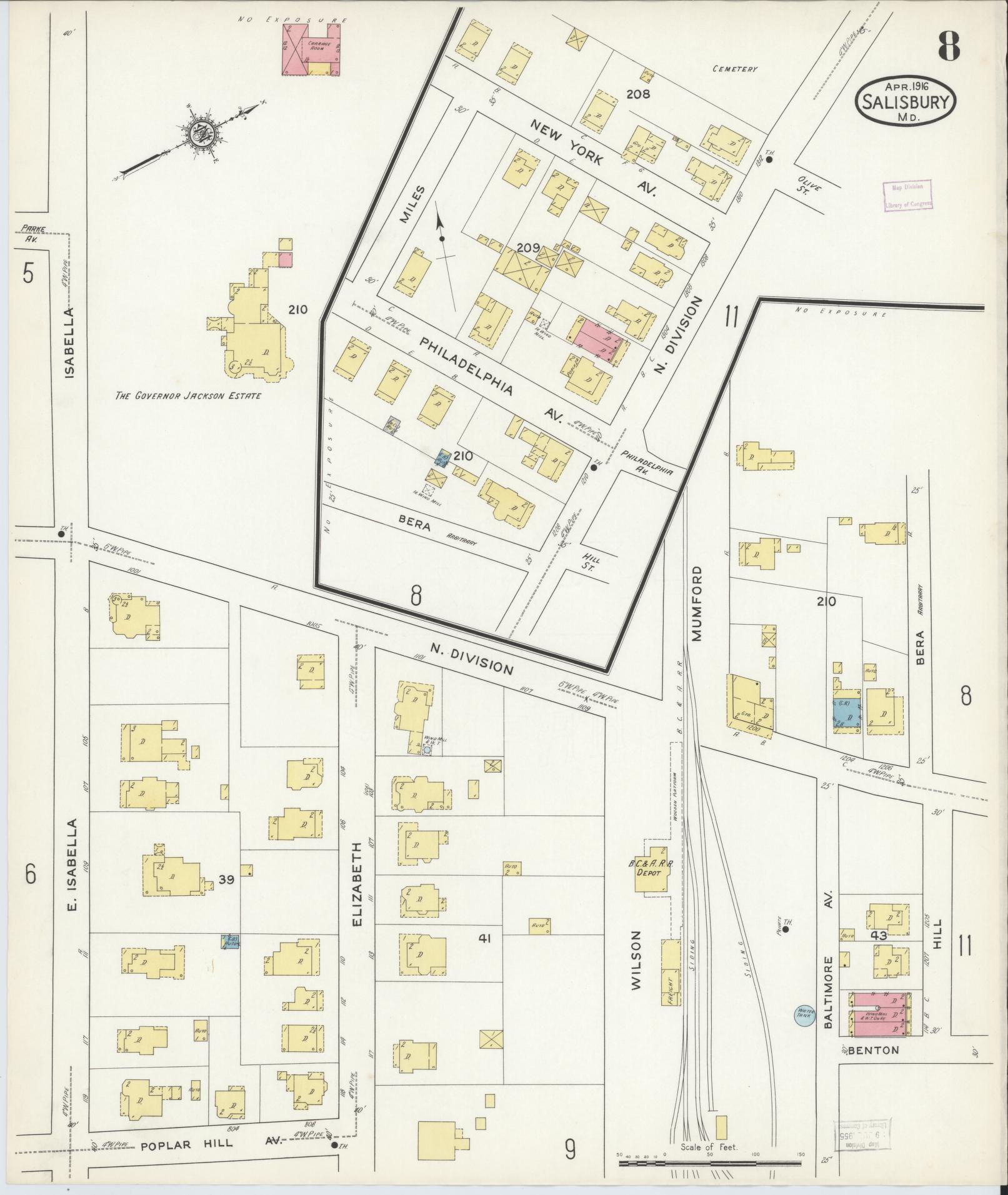 Sanborn Fire Insurance Map from Salisbury, Wicomico County, Maryland (1916), Sheet #0008 - Historic Sanborn Fire Insurance Map Print, vintage old map wall art