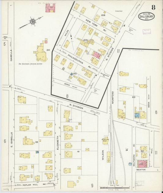Sanborn Fire Insurance Map from Salisbury, Wicomico County, Maryland (1916), Sheet #0008 - Historic Sanborn Fire Insurance Map Print, vintage old map wall art