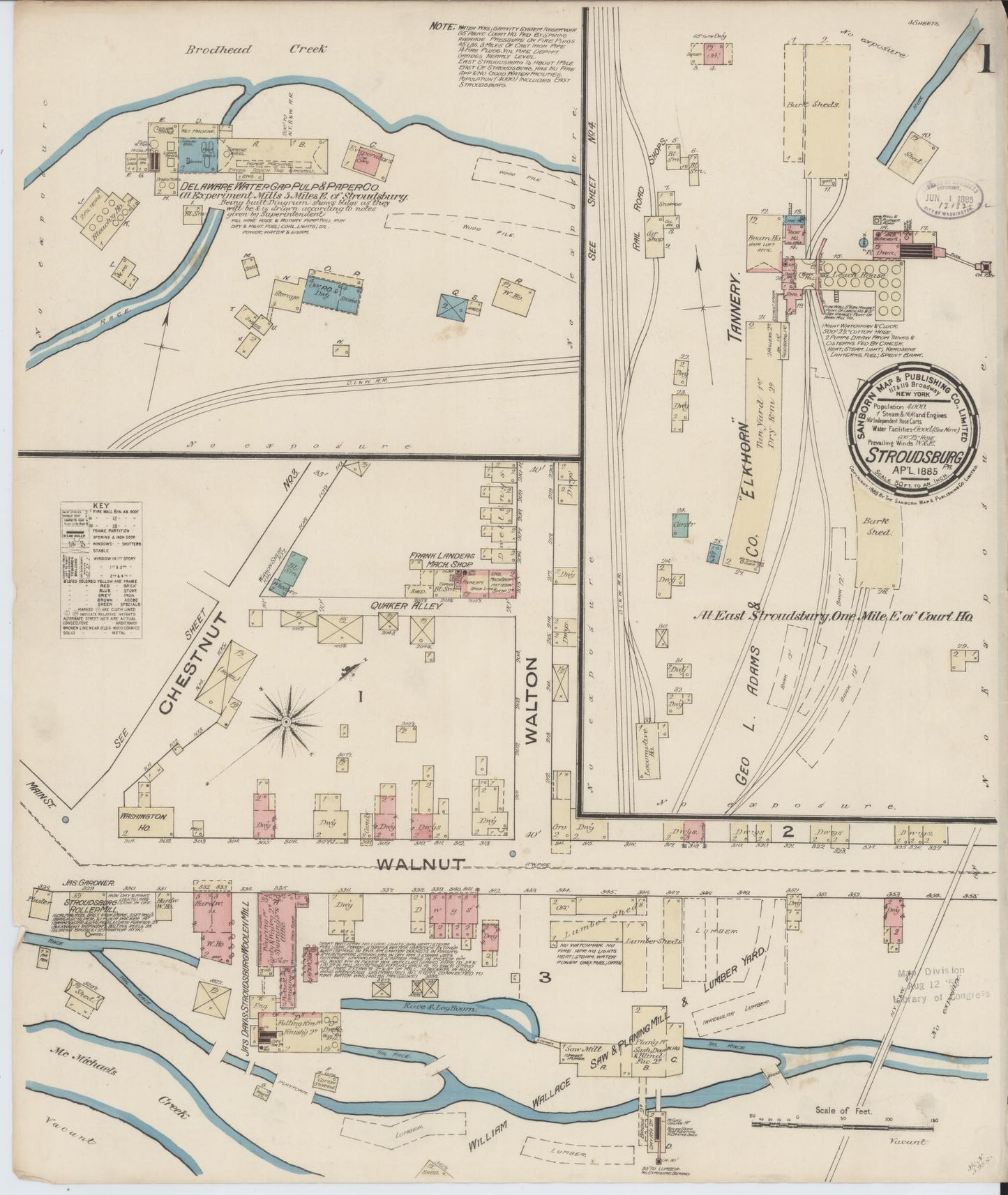 Sanborn Fire Insurance Map from Stroudsburg, Monroe County, Pennsylvania (1885), Sheet #0001 - Historic Sanborn Fire Insurance Map Print, vintage old map wall art, antique decor, genealogy gift, Pennsylvania Pennsylvania map