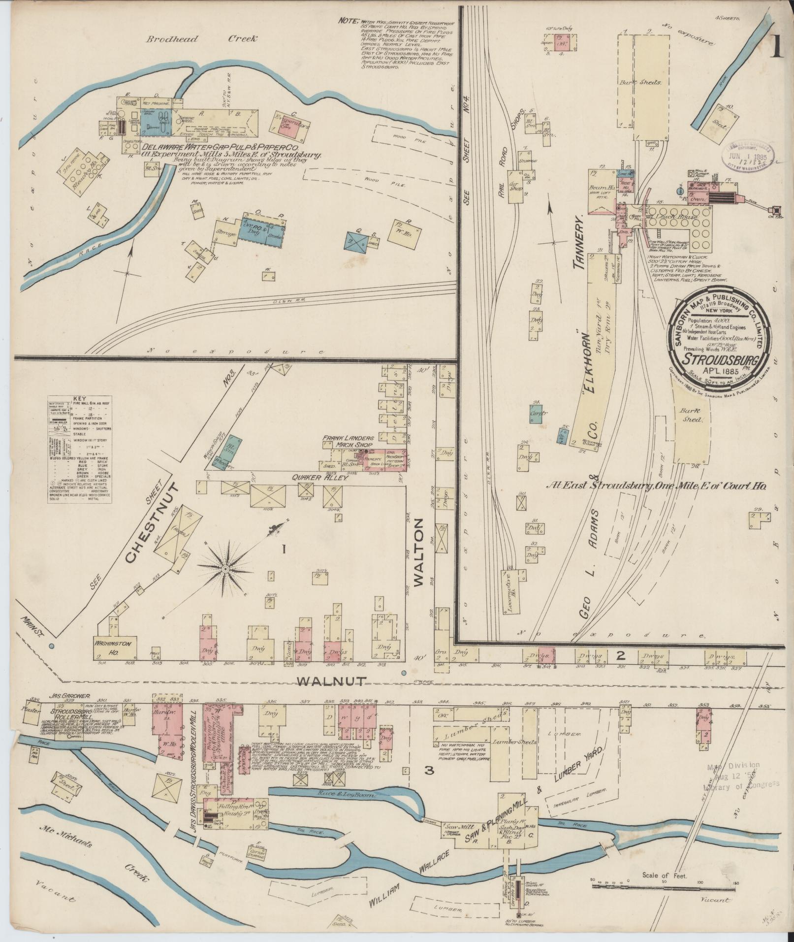 Sanborn Fire Insurance Map from Stroudsburg, Monroe County, Pennsylvania (1885), Sheet #0001 - Historic Sanborn Fire Insurance Map Print, vintage old map wall art, antique decor, genealogy gift, Pennsylvania Pennsylvania map