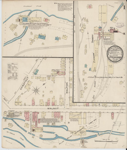 Sanborn Fire Insurance Map from Stroudsburg, Monroe County, Pennsylvania (1885), Sheet #0001 - Historic Sanborn Fire Insurance Map Print, vintage old map wall art, antique decor, genealogy gift, Pennsylvania Pennsylvania map