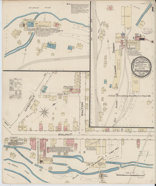 Sanborn Fire Insurance Map from Stroudsburg, Monroe County, Pennsylvania (1885), Sheet #0001 - Historic Sanborn Fire Insurance Map Print, vintage old map wall art, antique decor, genealogy gift, Pennsylvania Pennsylvania map