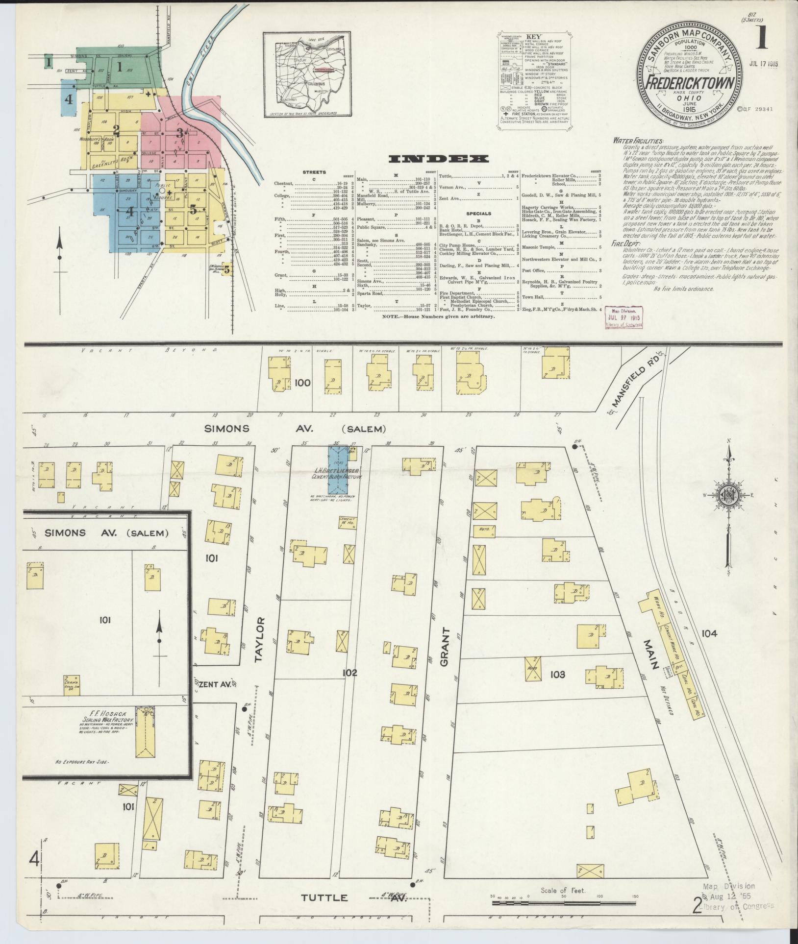 Sanborn Fire Insurance Map from Fredericktown, Knox County, Ohio (1915), Sheet #0001 - Complete Map Set gallery image, historic Sanborn map, vintage wall art, Ohio Ohio