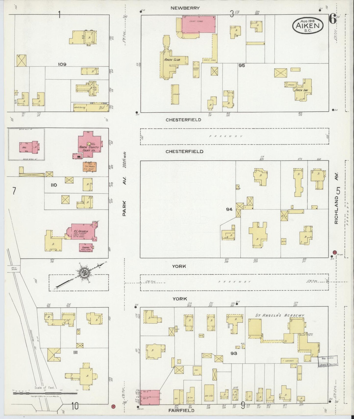 Sanborn Fire Insurance Map from Aiken, Aiken County, South Carolina (1918), Sheet #0006 - Complete Map Set gallery image, historic Sanborn map, vintage wall art, South Carolina South Carolina