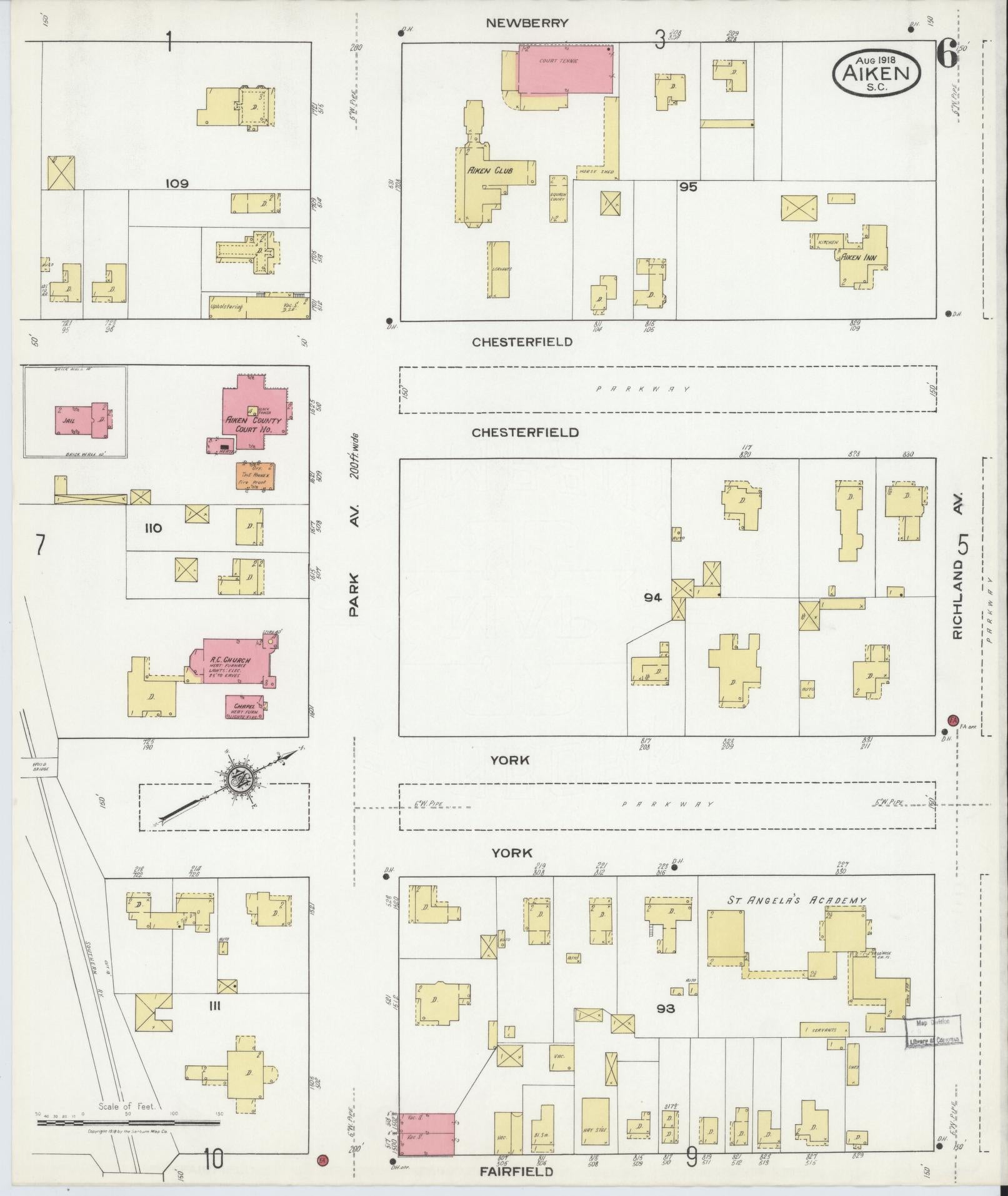 Sanborn Fire Insurance Map from Aiken, Aiken County, South Carolina (1918), Sheet #0006 - Complete Map Set gallery image, historic Sanborn map, vintage wall art, South Carolina South Carolina