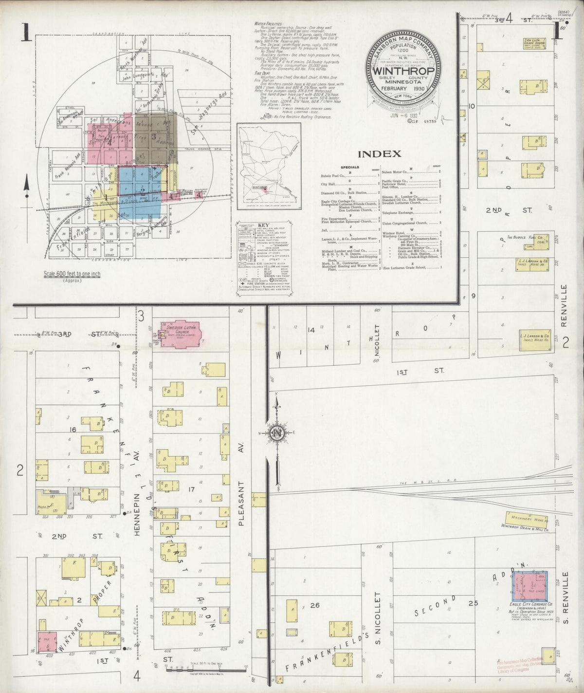 Sanborn Fire Insurance Map from Winthrop, Sibley County, Minnesota (1930), Sheet #0001 - Historic Sanborn Fire Insurance Map Print, vintage old map wall art, antique decor, genealogy gift, Minnesota Minnesota map