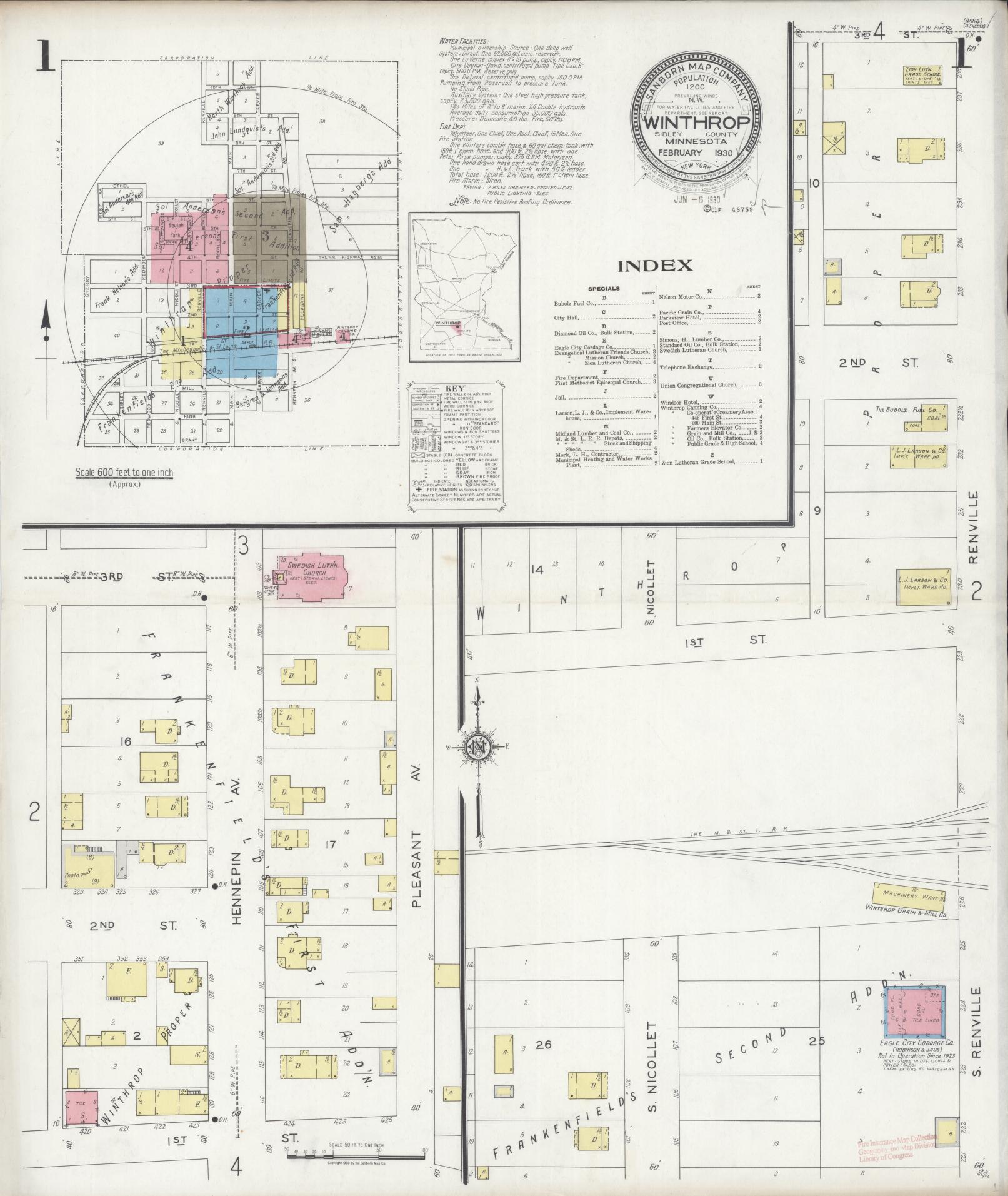 Sanborn Fire Insurance Map from Winthrop, Sibley County, Minnesota (1930), Sheet #0001 - Historic Sanborn Fire Insurance Map Print, vintage old map wall art, antique decor, genealogy gift, Minnesota Minnesota map