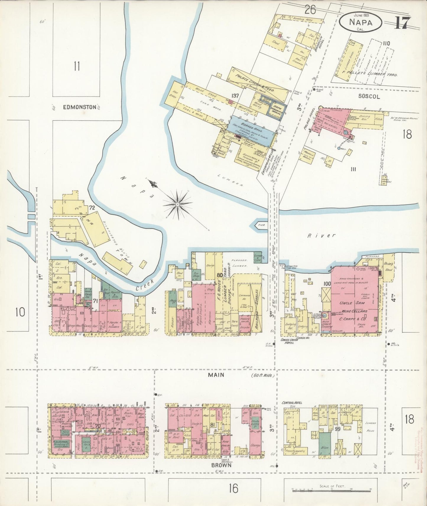 Sanborn Fire Insurance Map from Napa, Napa County, California (1901), Sheet #0017 - Historic Sanborn Fire Insurance Map Print, vintage old map wall art, antique decor, genealogy gift, California California map