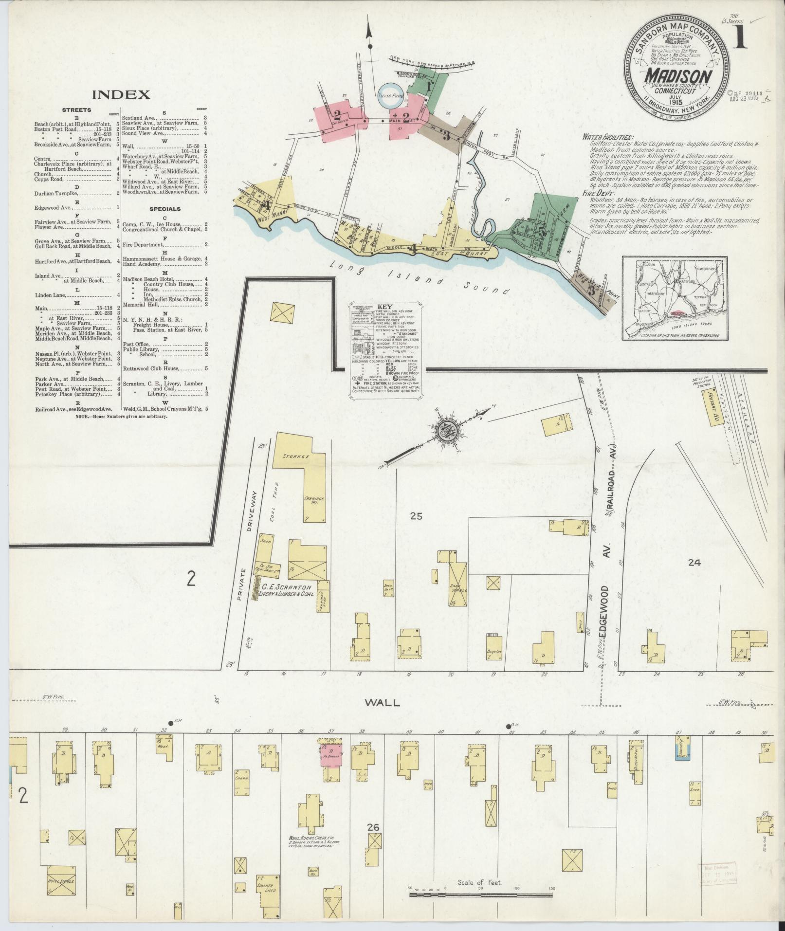 Sanborn Fire Insurance Map from Madison, New Haven County, Connecticut (1915), Sheet #0001 - Complete Map Set gallery image, historic Sanborn map, vintage wall art, Connecticut Connecticut
