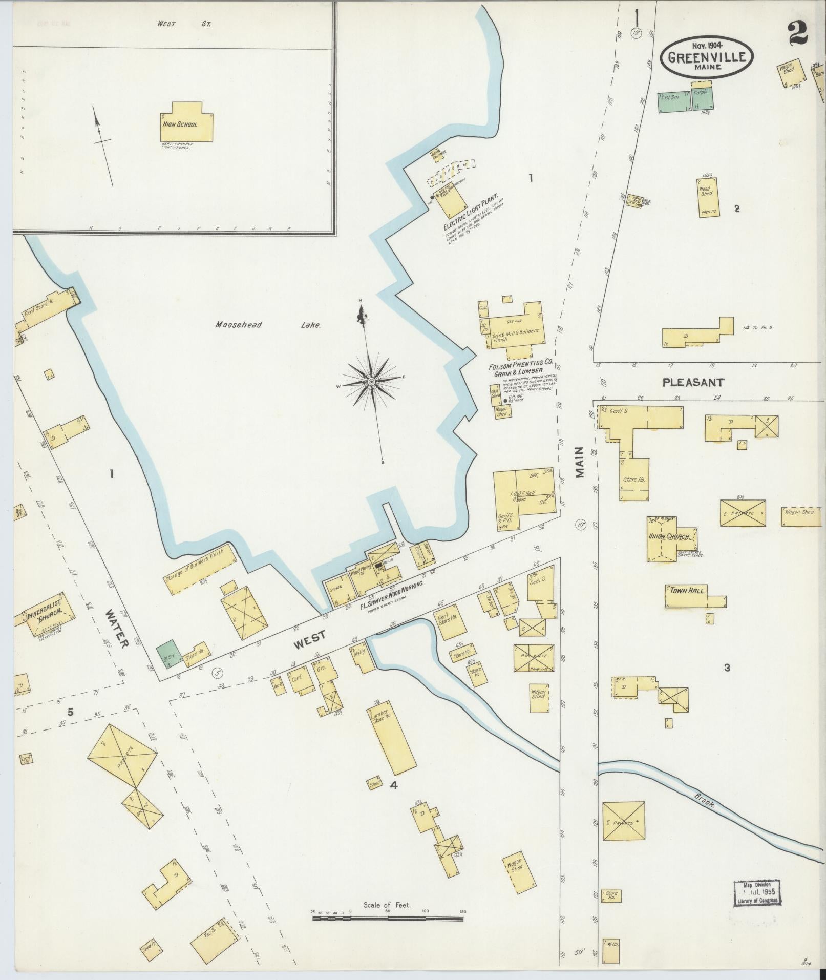 Sanborn Fire Insurance Map from Greenville, Piscataquis County, Maine (1904), Sheet #0002 - Historic Sanborn Fire Insurance Map Print, vintage old map wall art, antique decor, genealogy gift, Maine Maine map